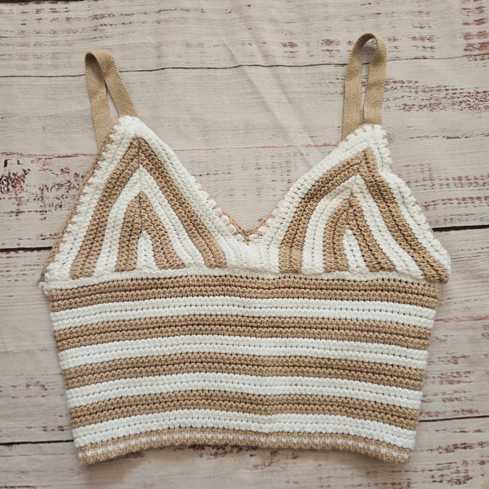 Hollister Cropped Crochet Tank Top Womens XS White & Tan Striped
